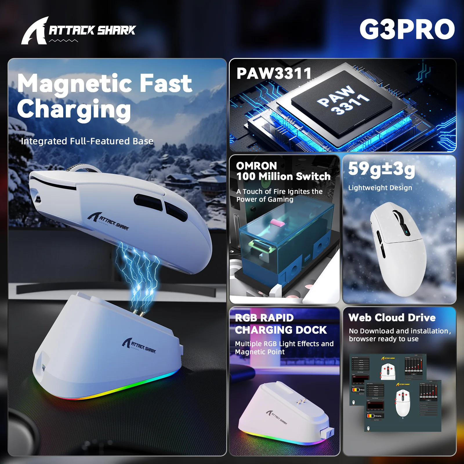 ATTACK SHARK G3 PRO Tri-mode Wireless Gaming Mouse with Charge Dock 25000 DPI Ultra Lightweight - Image 16