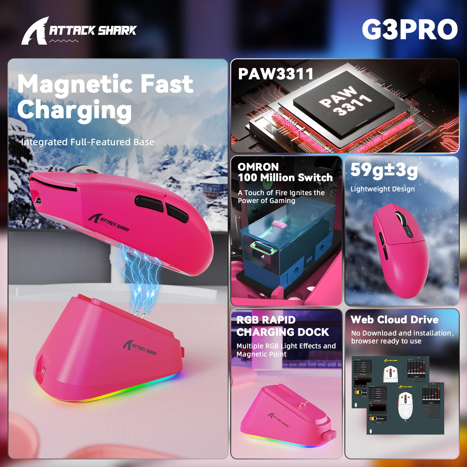 ATTACK SHARK G3 PRO Tri-mode Wireless Gaming Mouse with Charge Dock 25000 DPI Ultra Lightweight - Image 24